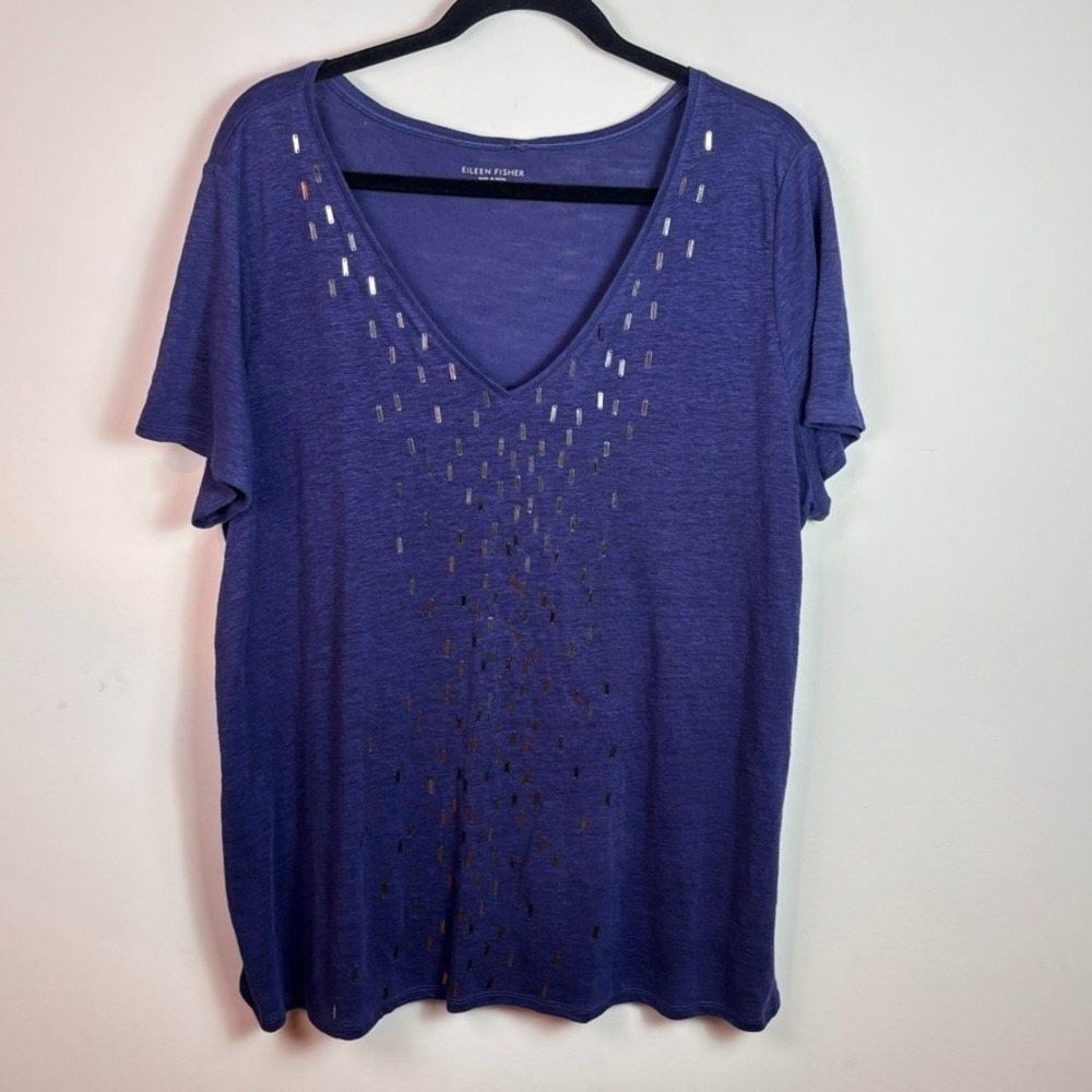 Eileen Fisher Womens 100% Linen Blue Metal Bar embellishment blouse sz XL artsy